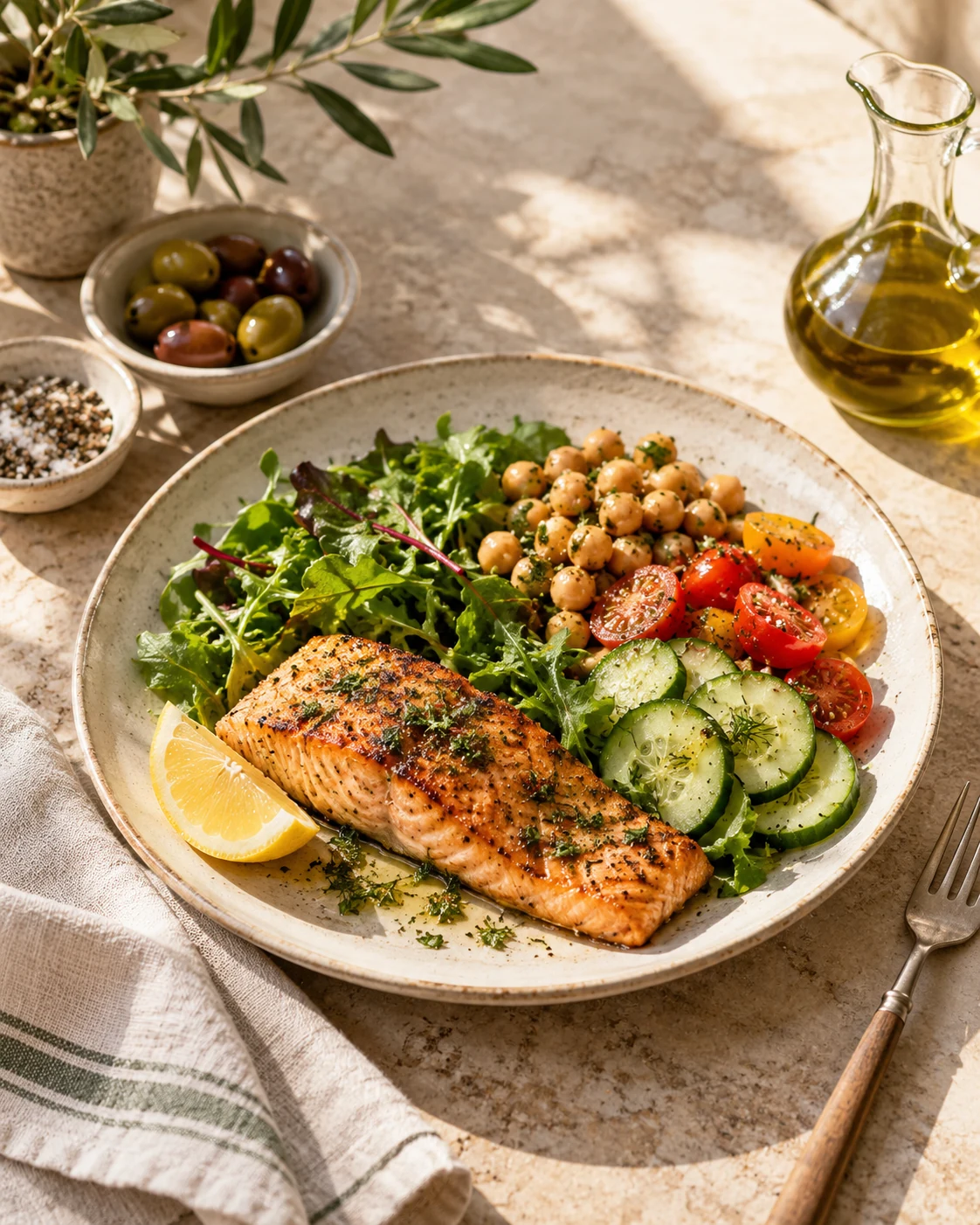 Mediterranean meal with salmon, chickpeas and fresh vegetables